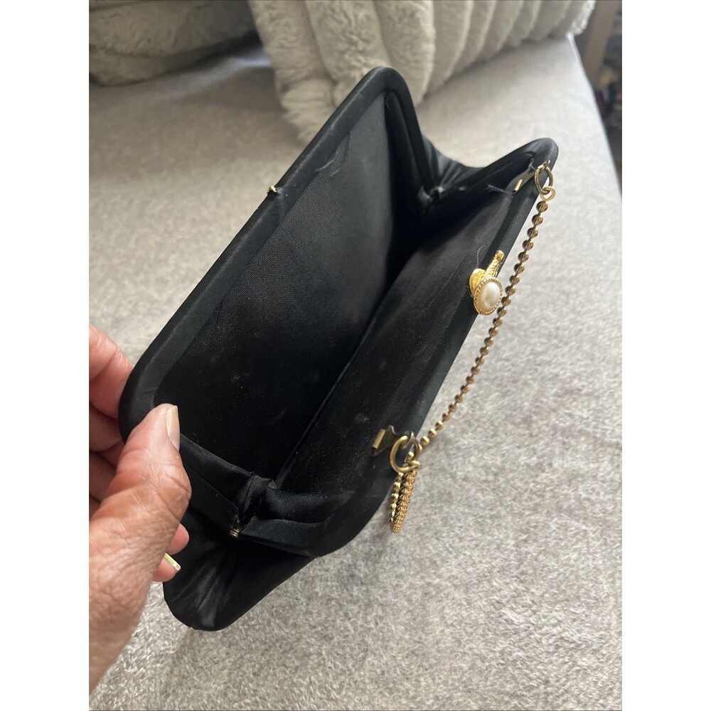 Satin Mother Of Pearl Evening Clutch Gold Bead Chain Strap Vtg Money Class Glam - Picture 6 of 11